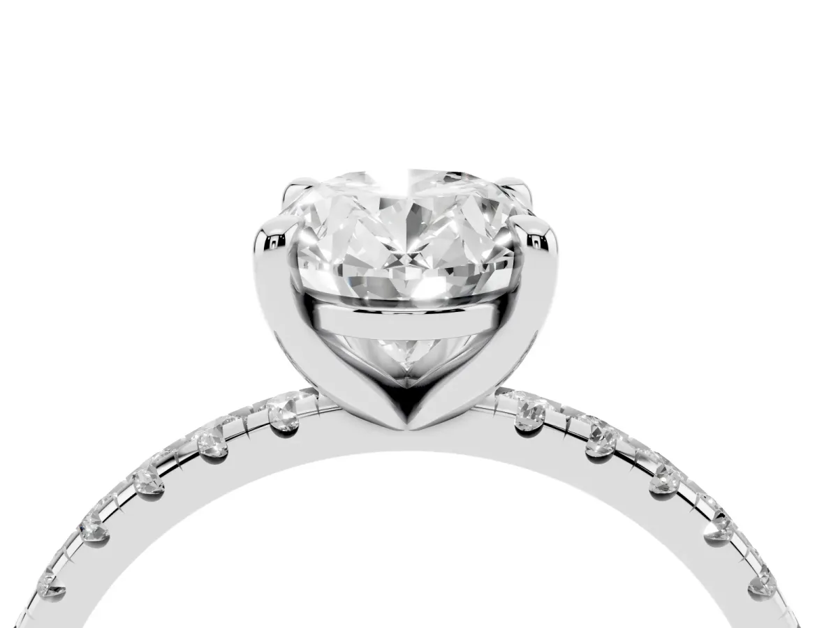 Oval Cut Diamond Brilliant Solitaire Ring with Pavé Band and Four-Prong Setting Silver