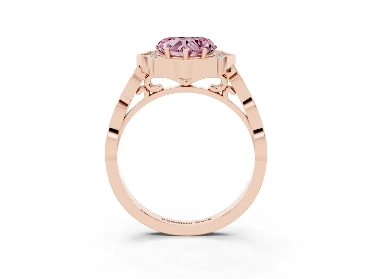 Fancy Pink Heart Cut Halo Diamond Engagement Ring with Milgrain Band and Four-Prong Setting Rose gold