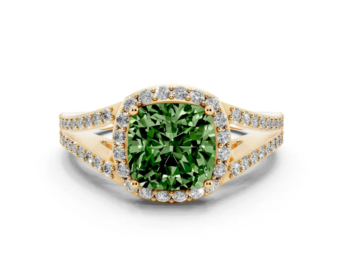 Fancy Green Cushion Cut Halo Split Shank Pave Diamond Ring with Four-Prong Setting Yellow gold