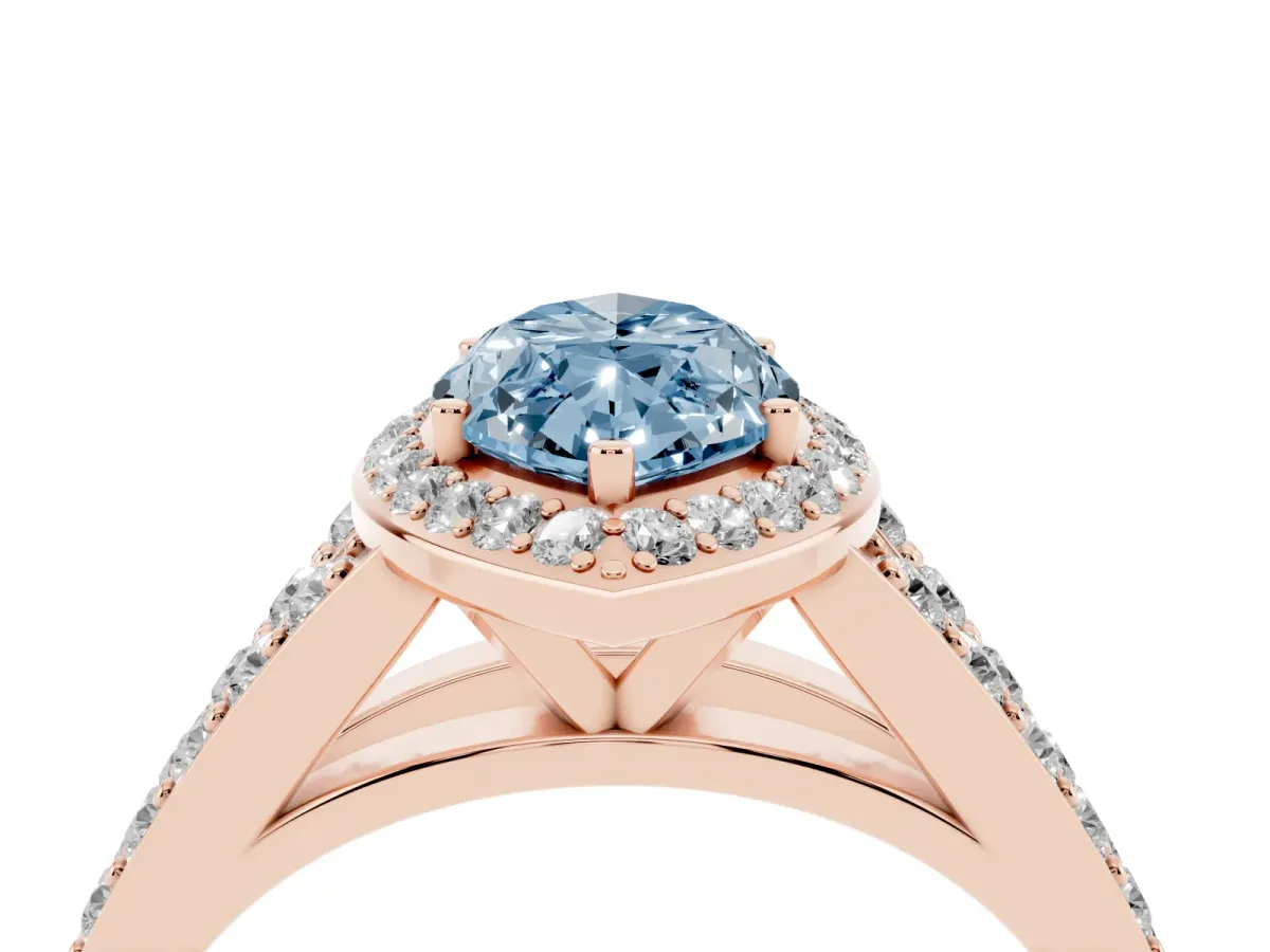 Fancy Blue Marquise Cut Diamond Split Shank Halo Ring with Four-Prong Setting Rose gold