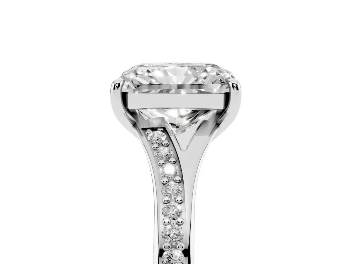 Radiant Cut Diamond Solitaire Ring with Pavé Band and Prong Setting Silver