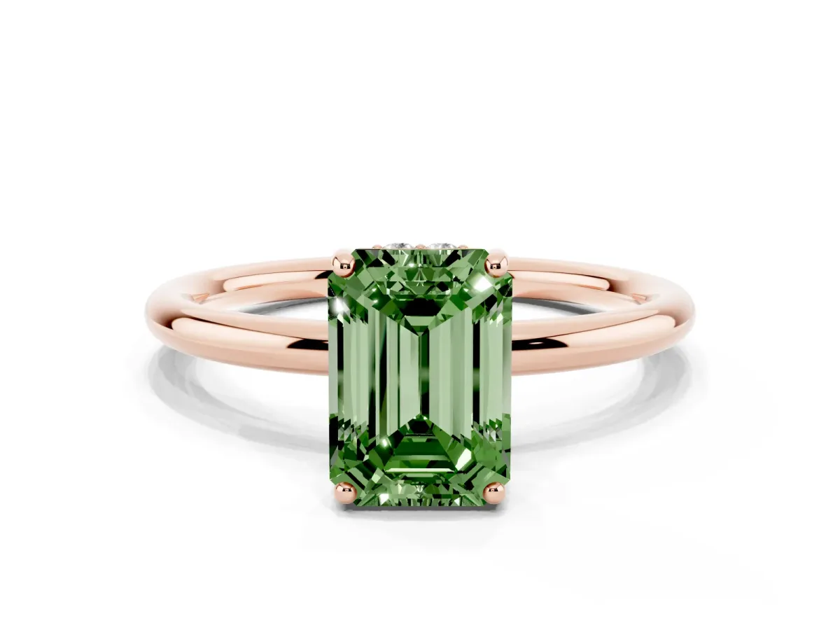 Fancy Green Emerald Cut Solitaire Diamond Ring with a Classic Band and Four-Prong Setting Rose gold