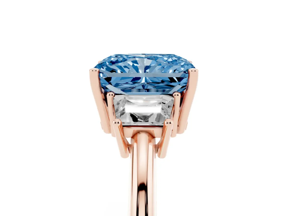 Fancy Blue Radiant Cut Diamond Three-Stone Ring with Trapezoid Side Stones and Prong Setting Rose gold