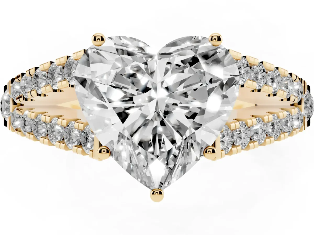 Heart Cut Diamond Split Shank Pavé Engagement Ring with Four-Prong Setting Yellow gold