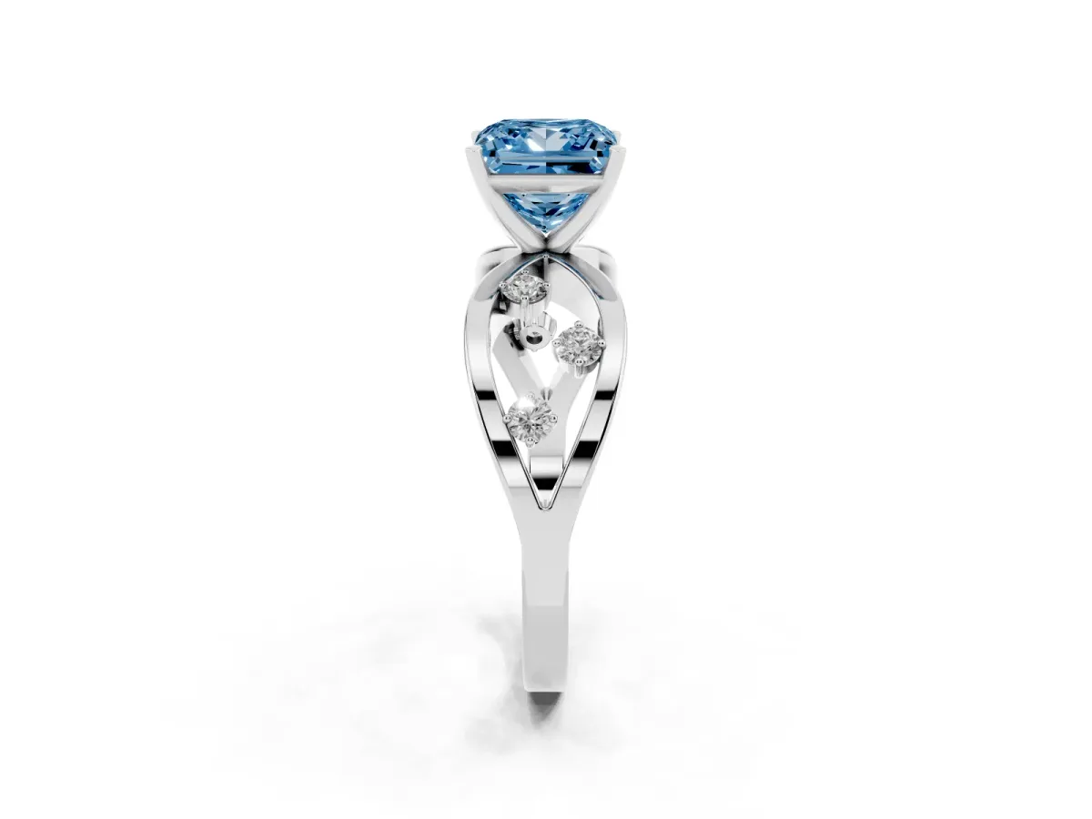 Fancy Blue Princess Cut Cut Solitaire Diamond with Side Stones on Criss-Cross Band and Four-Prong Setting White gold