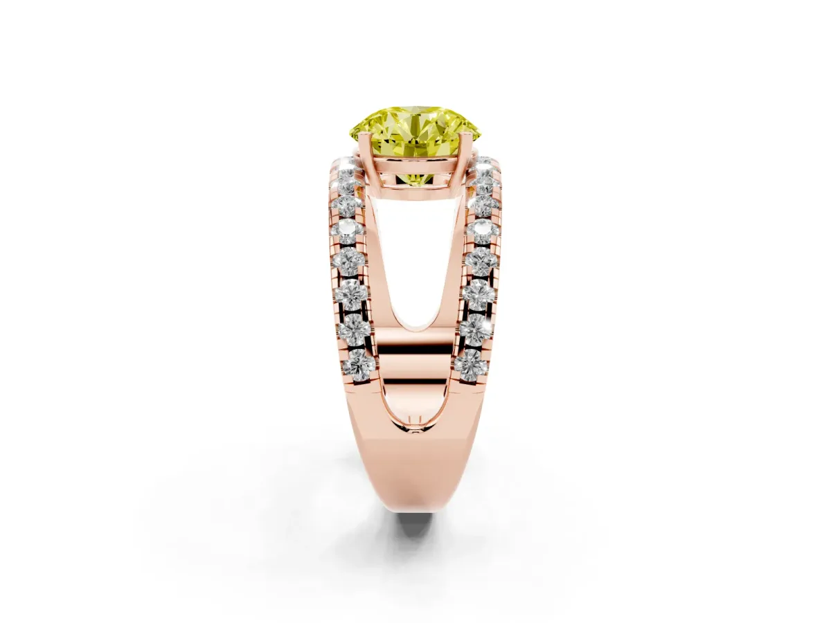 Fancy Yellow Round Cut Solitaire Split Shank Pave Diamond Ring Rose gold