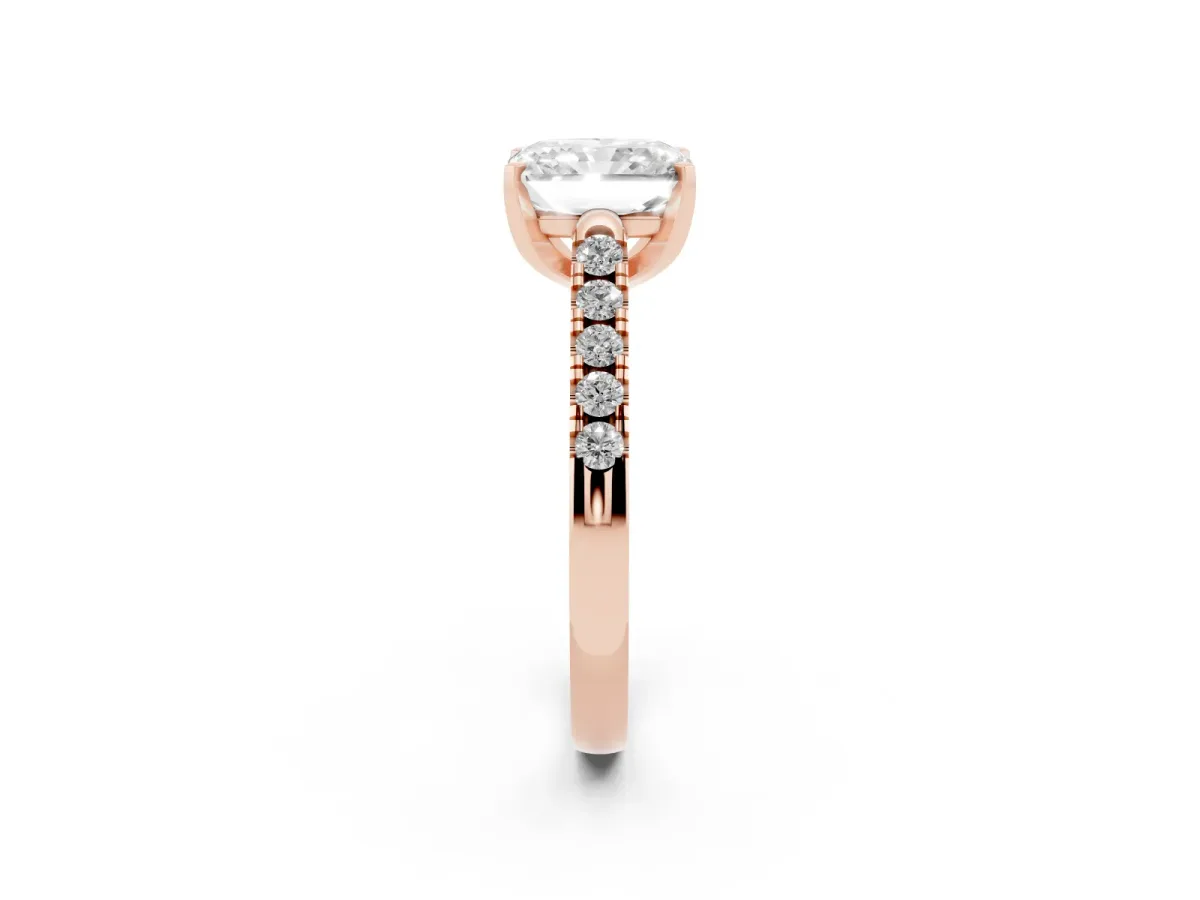 Radiant Cut Diamond Pavé Band Solitaire Ring with Prong Setting Rose gold
