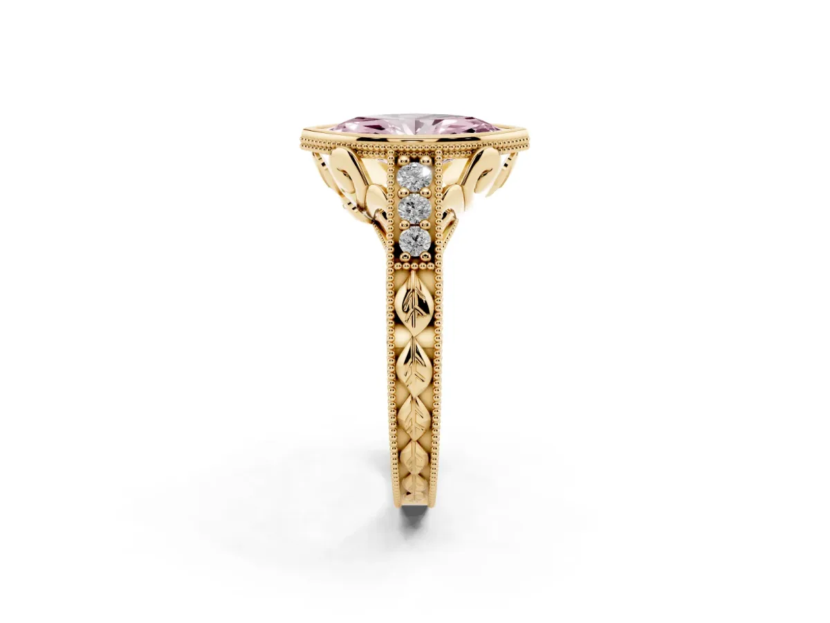 Fancy Pink Bezel Set Marquise Cut Diamond Milgrain Pave Engagement Ring Yellow gold