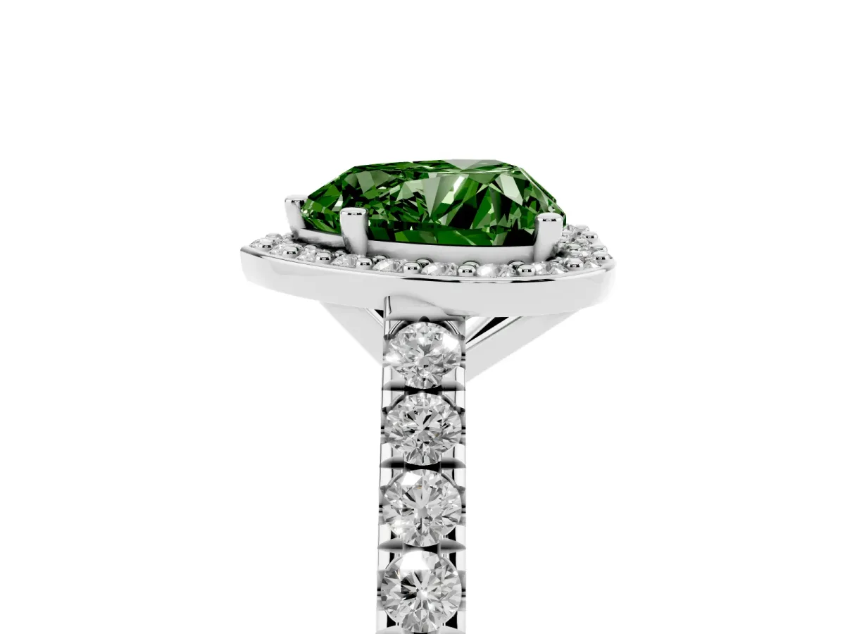 Fancy Green Heart Cut Cut Halo Diamond Engagement Ring with Pave Band and Four-Prong Setting Platinum