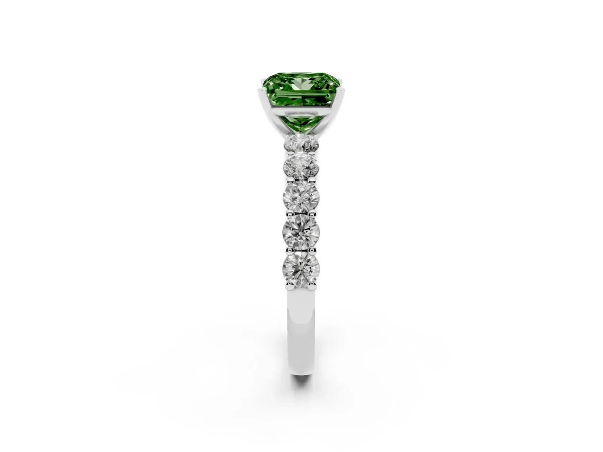 Fancy Green Princess Cut Diamond Solitaire Ring with Shared Prong Round Side Stones Platinum