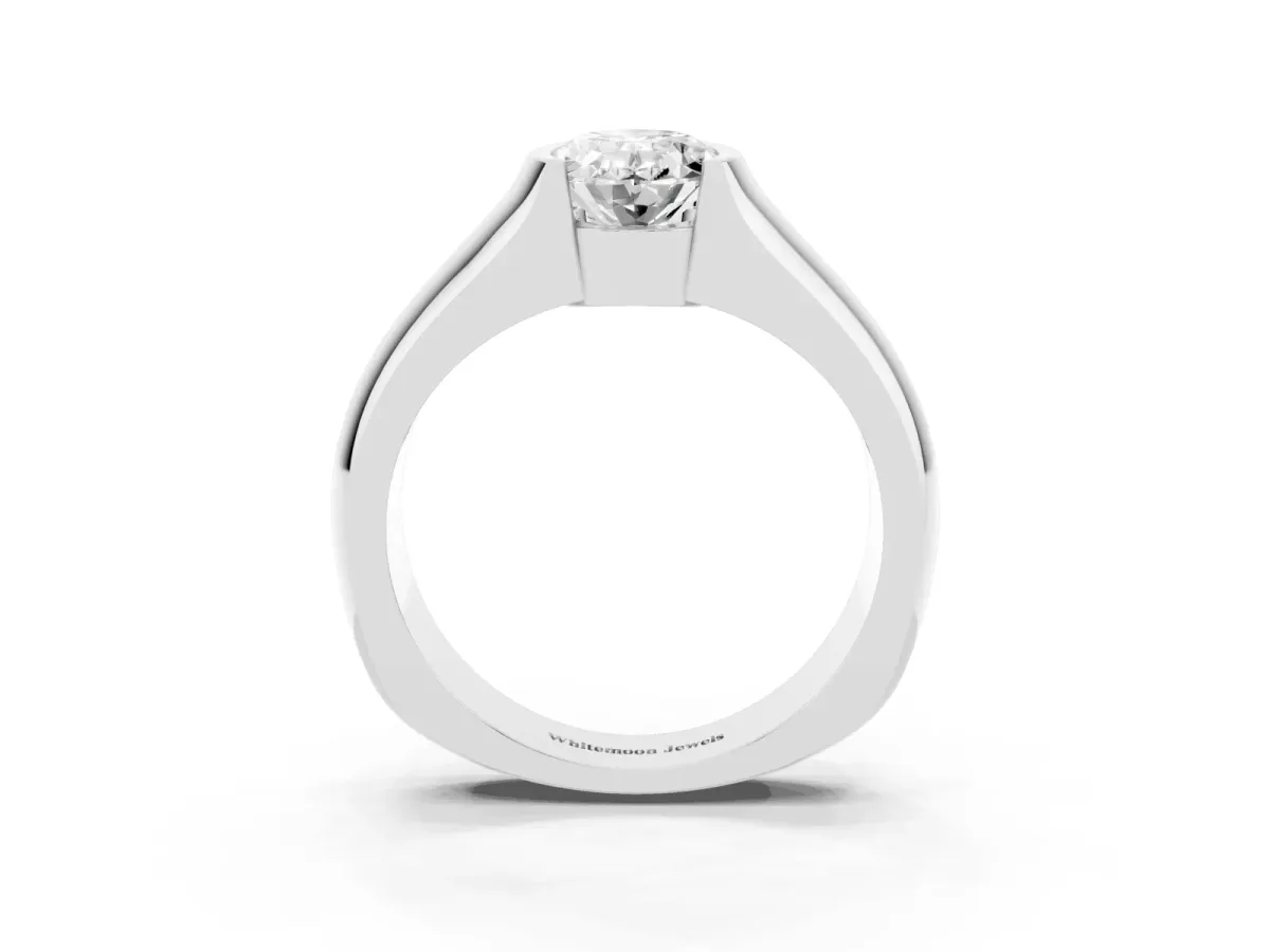 Oval Cut Solitaire Bezel Set Diamond Ring with Wide Band Platinum
