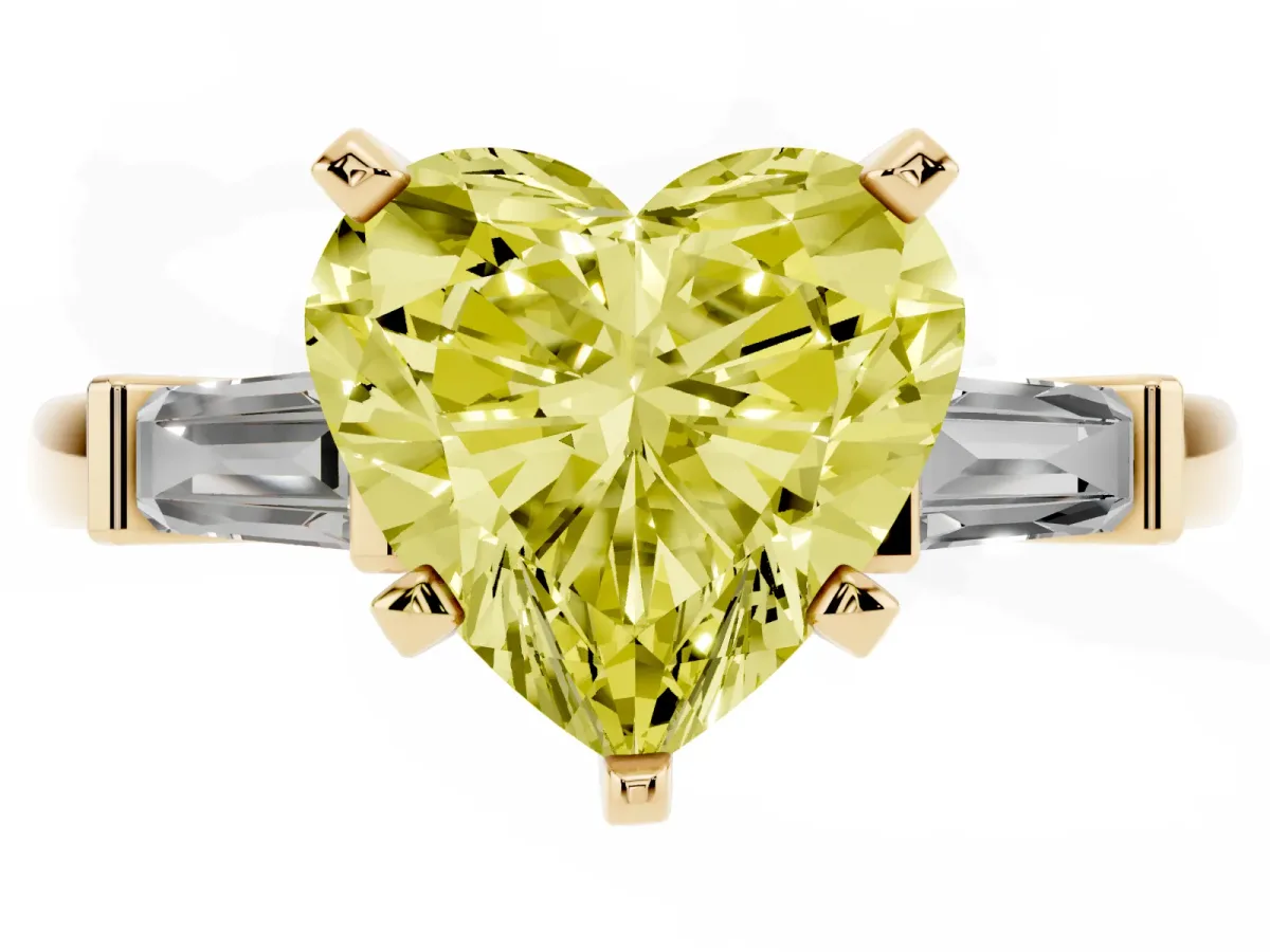 Fancy Yellow Heart Cut Cut Diamond Solitaire Ring with Tapered Baguette Accents and Four-Prong Setting Yellow gold