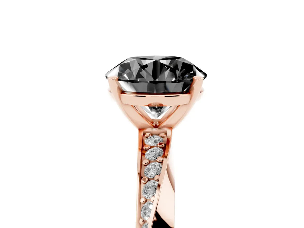 Fancy Black Round Cut Diamond Engagement Ring with Side Stone Accents and Four-Prong Setting Rose gold