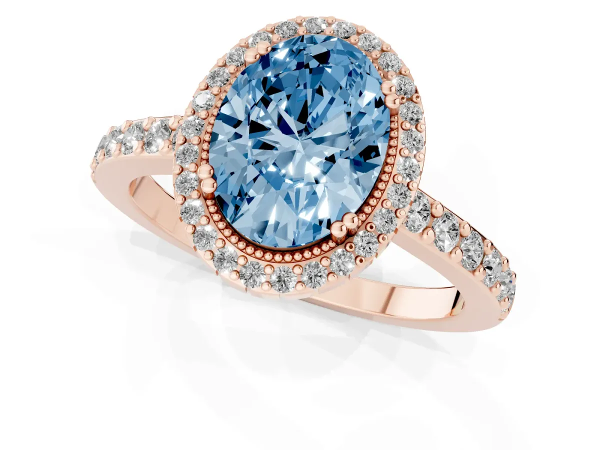 Fancy Blue Oval Cut Cut Diamond Halo Engagement Ring with Milgrain Detail and Pavé Band Rose gold