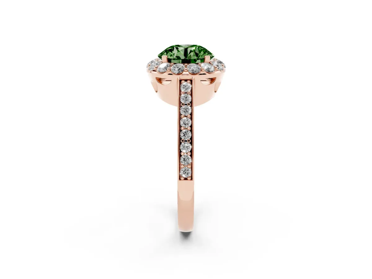 Fancy Green Round Cut Diamond Floral Halo Ring with Pavé Band and Prong Setting Rose gold