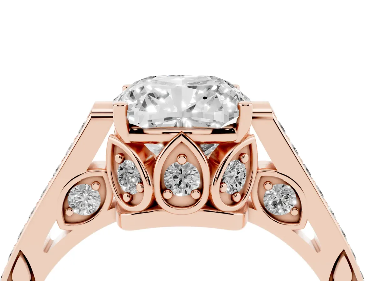 Cushion Cut Cut Cathedral Pave Diamond Engagement Ring with Six-Prong Setting Rose gold