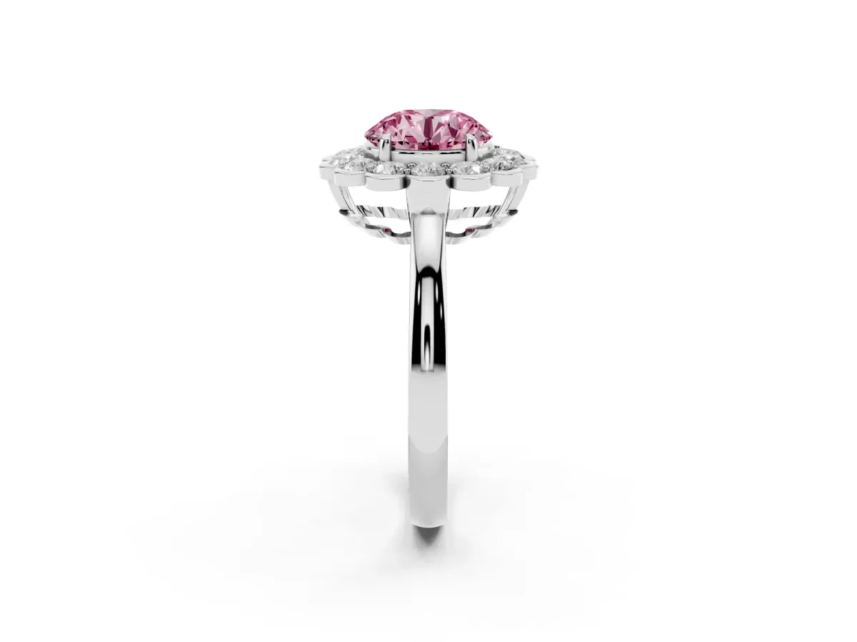 Fancy Pink Round Cut Halo Cluster Diamond Engagement Ring with Solitaire Band and Prong Setting Platinum