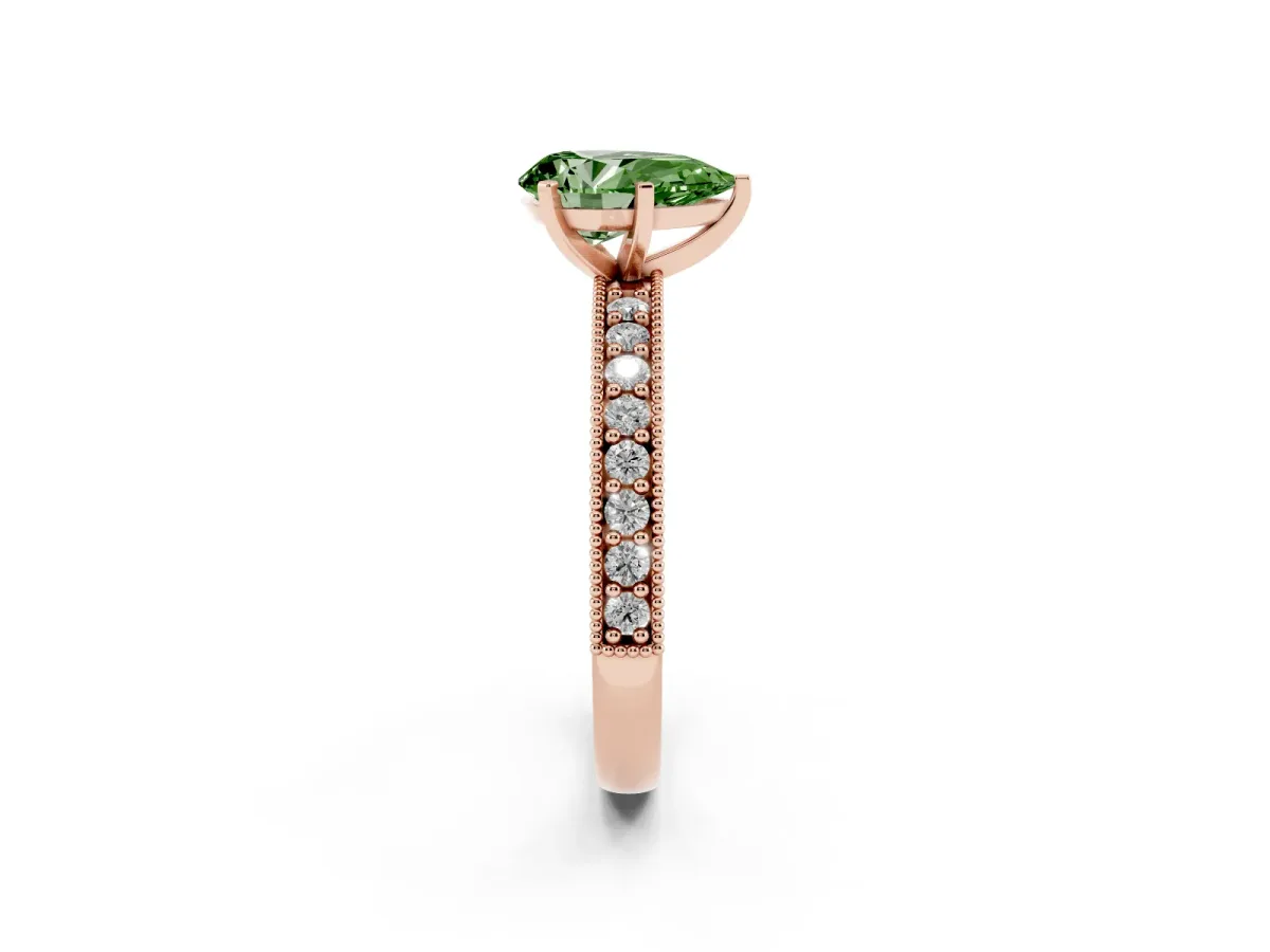 Fancy Green Pear Cut Diamond Milgrain Pavé Engagement Ring with Four-Prong Setting Rose gold