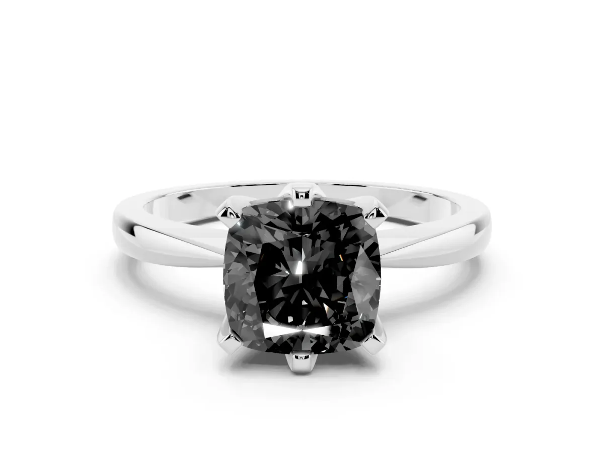 Fancy Black Cushion Cut Solitaire Engagement Ring with Six-Prong Setting and Tapered Band Platinum
