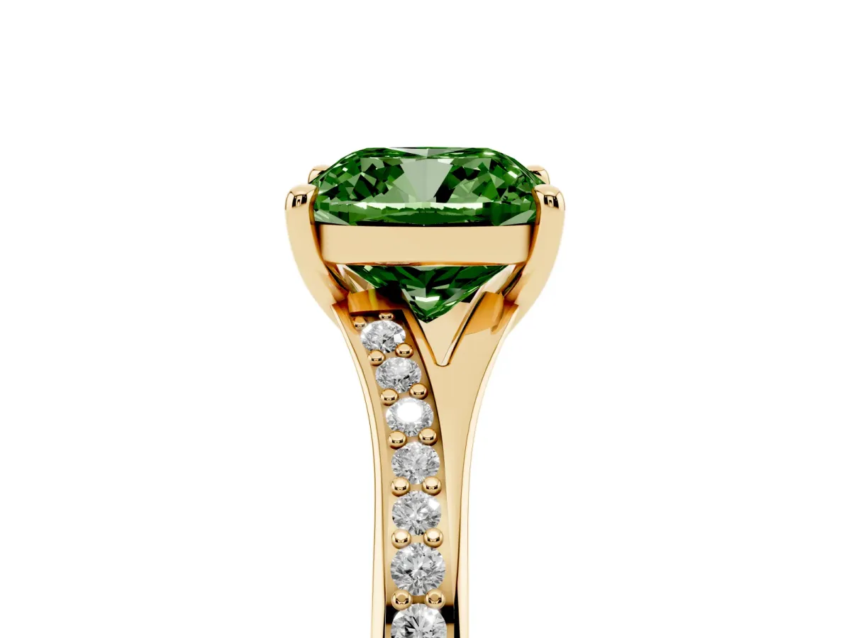 Fancy Green Cushion Cut Diamond Solitaire Ring with Pavé Band and Prong Setting Yellow gold