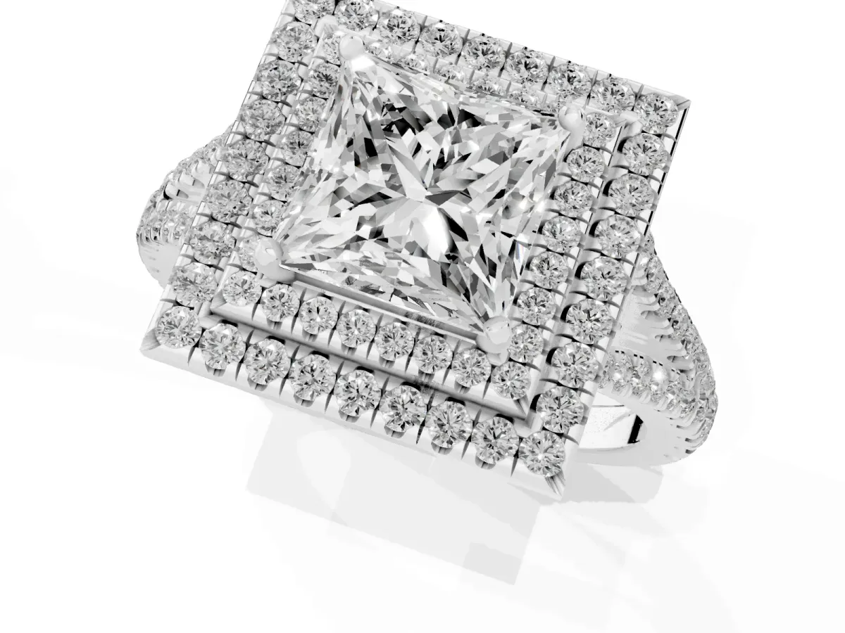 Princess Cut Diamond Double Halo Ring with Pavé Band and Prong Setting Silver