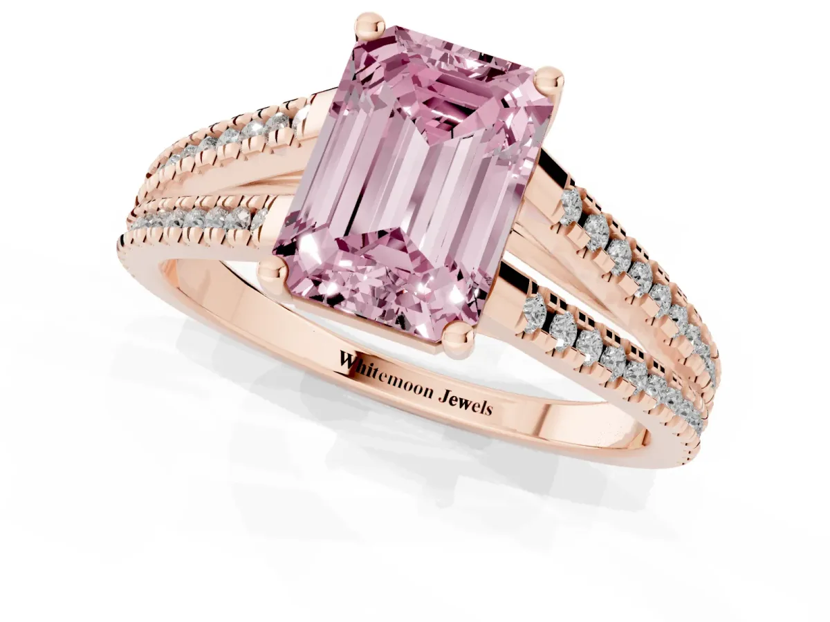 Fancy Pink Emerald Cut Diamond Solitaire Engagement Ring with Split Shank Pavé Band Rose gold