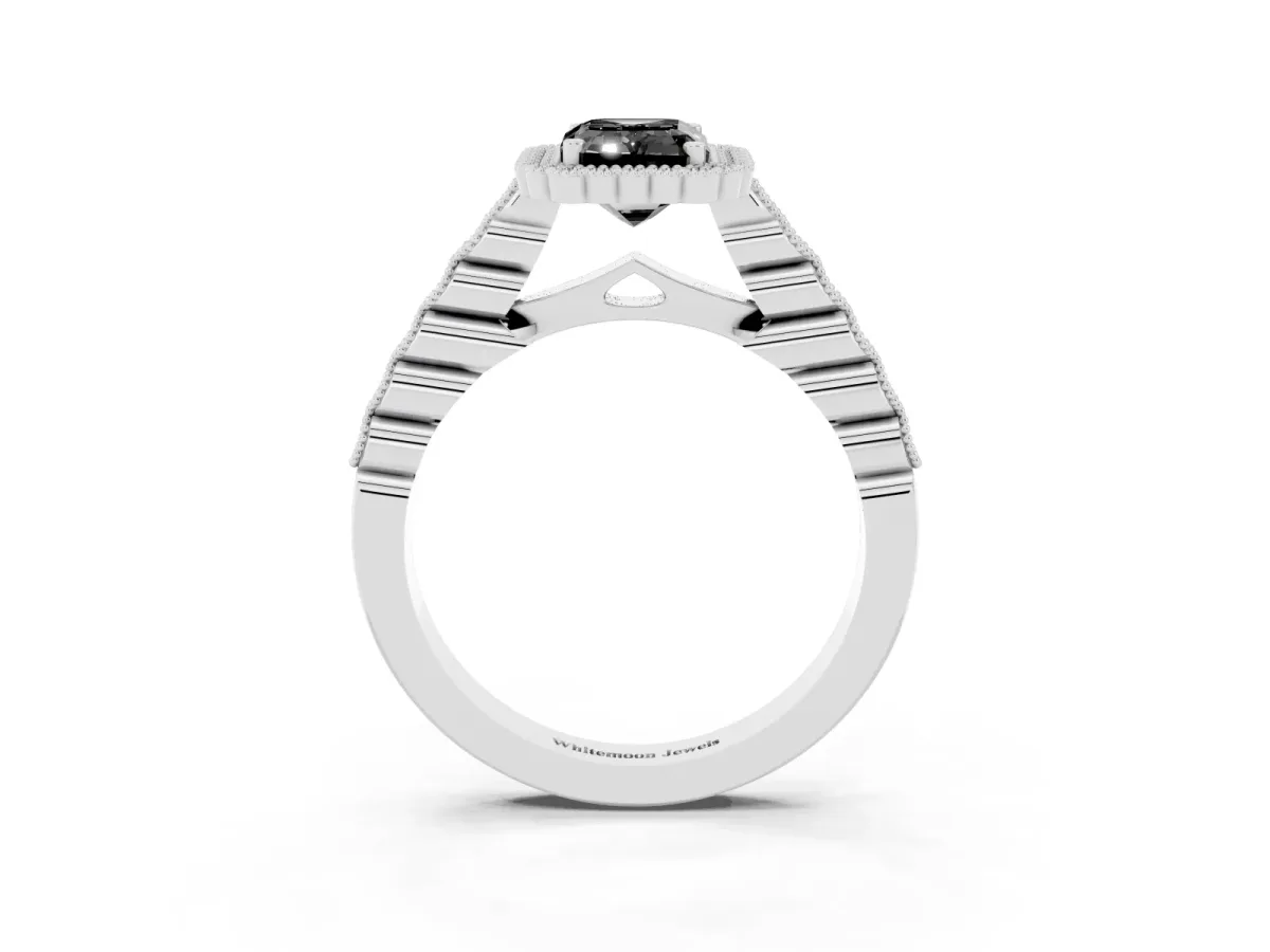 Fancy Black Emerald Cut Cut Halo Pavé Solitaire Ring with Milgrain Band Silver