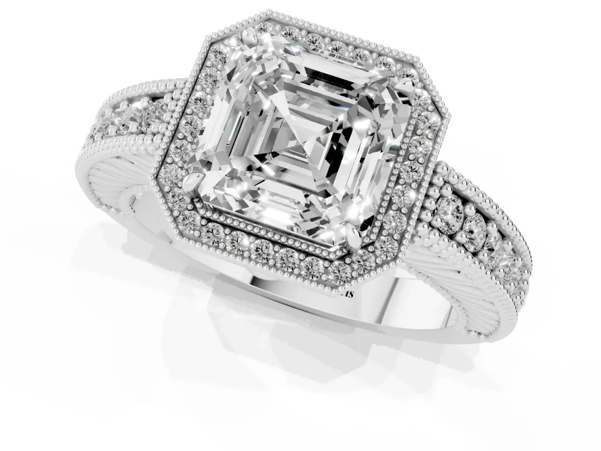 Asscher Cut Cut Halo Diamond Ring with Pavé Band and Four-Prong Setting Platinum