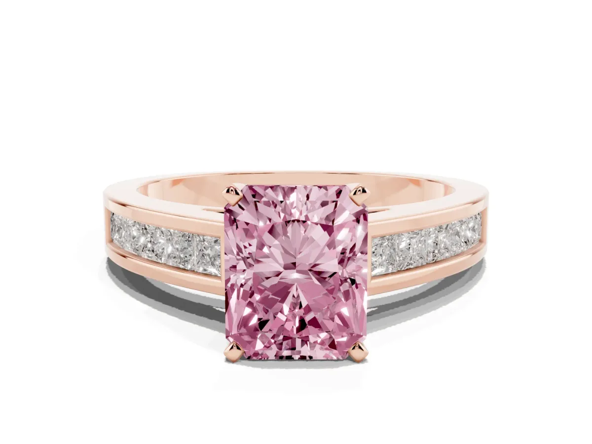 Fancy Pink Radiant Cut Solitaire Diamond Ring with Channel-Set Band and Four-Prong Setting Rose gold