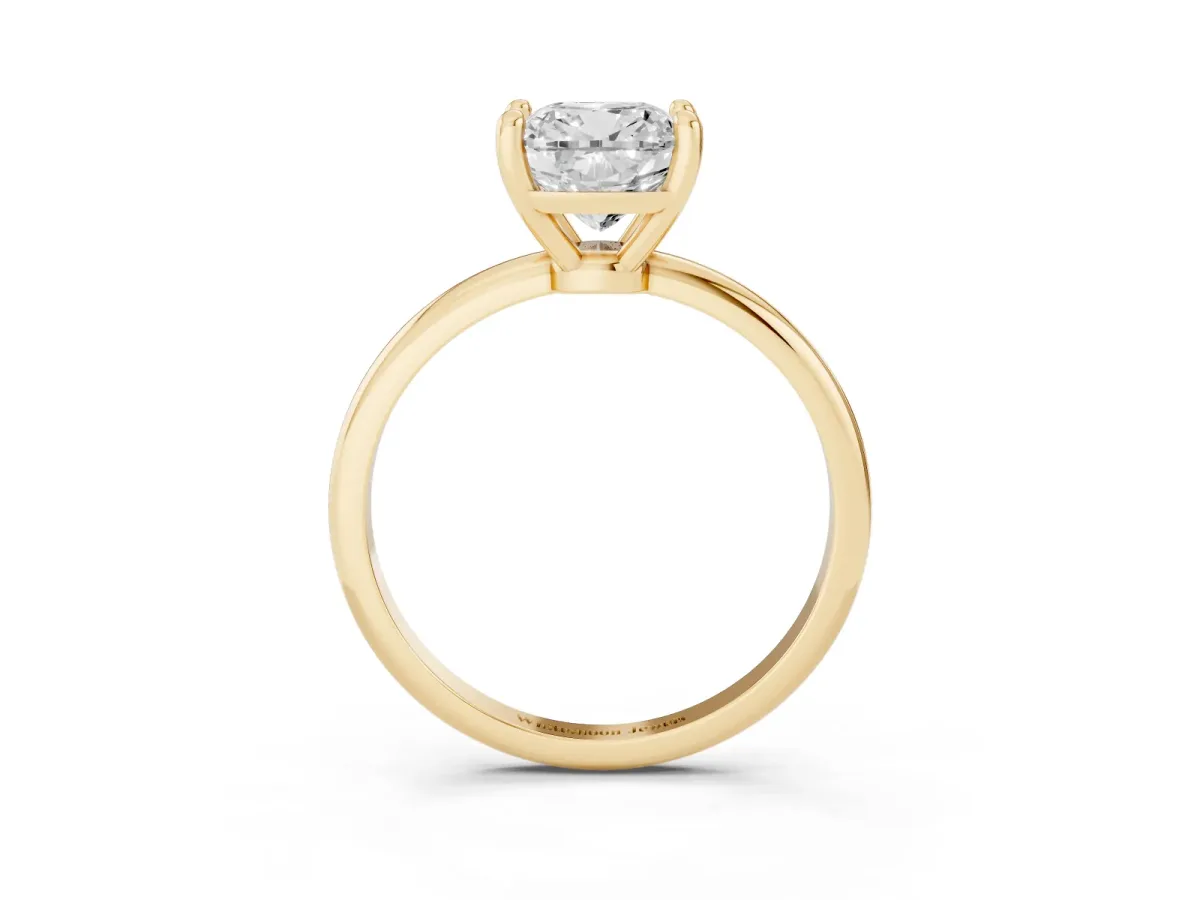 Cushion Cut Solitaire Diamond Ring with 4-Prong Setting on a Classic Band Yellow gold