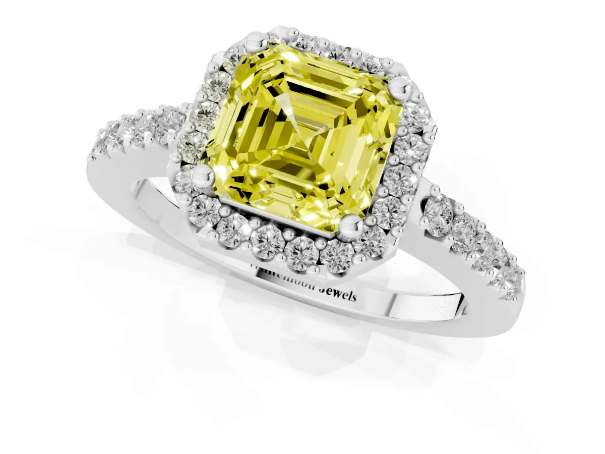 Fancy Yellow Asscher Cut Halo Diamond Pavé Solitaire Ring Platinum