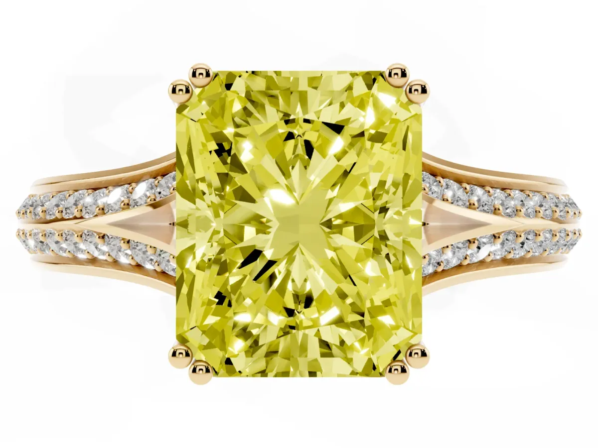 Fancy Yellow Radiant Cut Diamond Split Shank Engagement Ring with Pavé Band Yellow gold