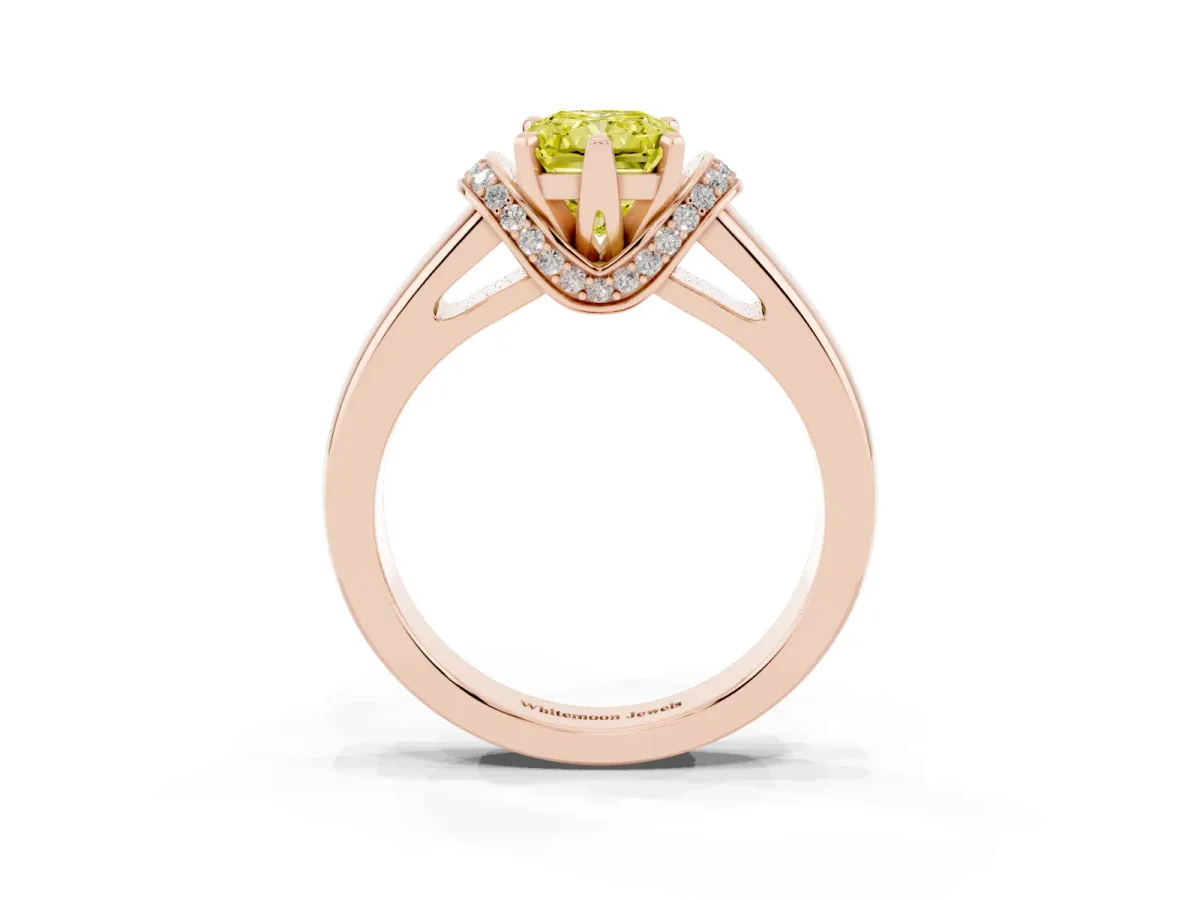 Fancy Yellow Radiant Cut Solitaire Diamond Ring with Pave Band and Six-Prong Setting Rose gold