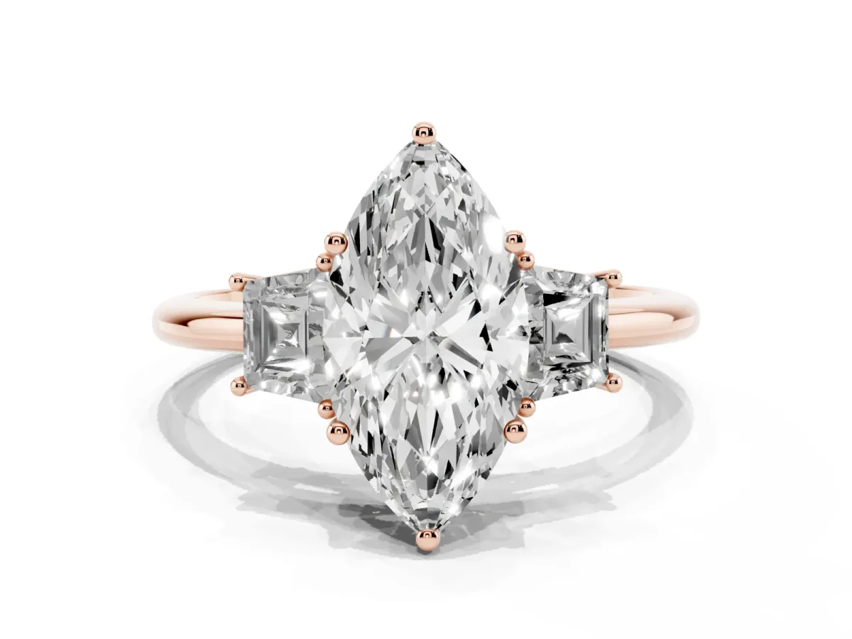 Marquise Cut Diamond Three-Stone Ring with Trapezoid Side Stones and Prong Setting Rose gold