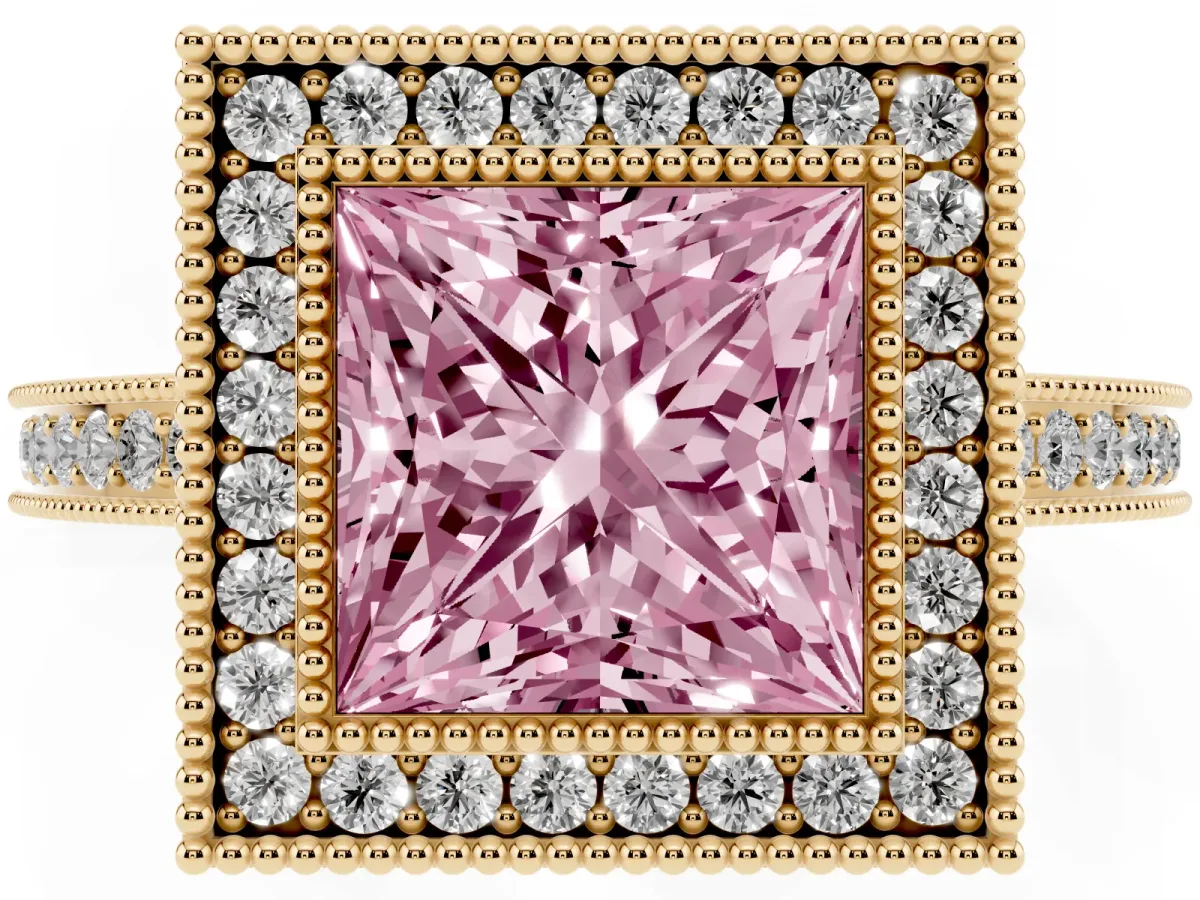 Fancy Pink Princess Cut Cut Halo Diamond Ring with Pavé Band and Milgrain Prong Setting Yellow gold