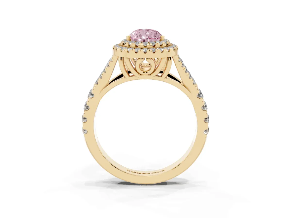 Fancy Pink Pear Cut Diamond Double Halo Ring with Split Shank and Prong Setting Yellow gold