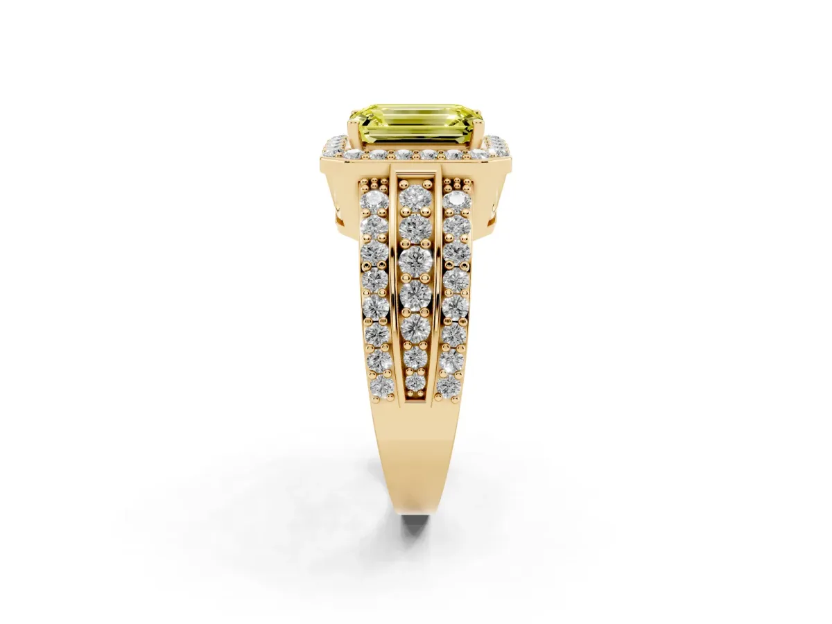 Fancy Yellow Emerald Cut Halo Diamond Ring with Round Split Shank and Prong Setting Yellow gold
