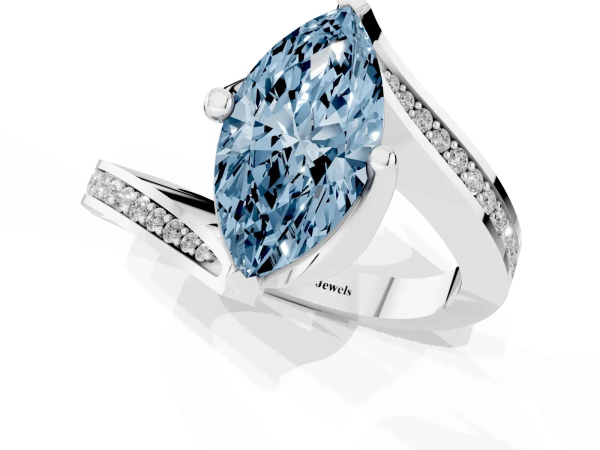 Fancy Blue Marquise Cut Solitaire Diamond Twist Band with Pavé Setting and Four-Prong Setting Silver
