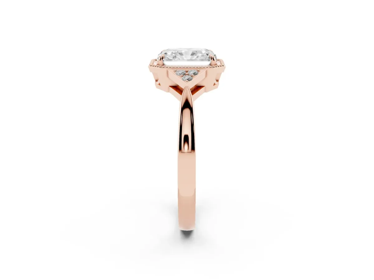Hexagonal Halo Radiant Cut Diamond Solitaire with Pavé Band and Four-Prong Setting Rose gold