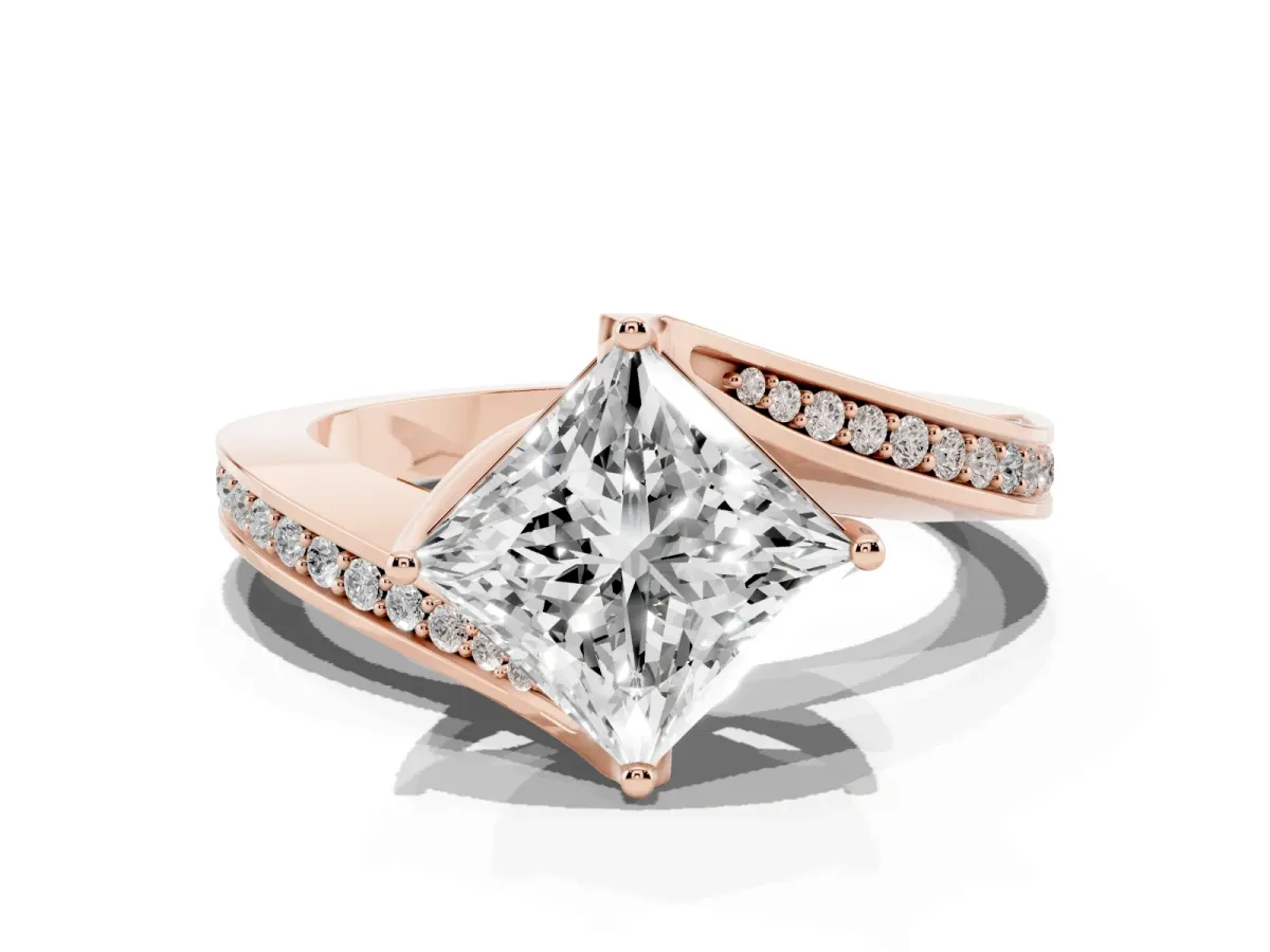 Princess Cut Solitaire Diamond Twist Band with Pavé Setting and Four-Prong Setting Rose gold