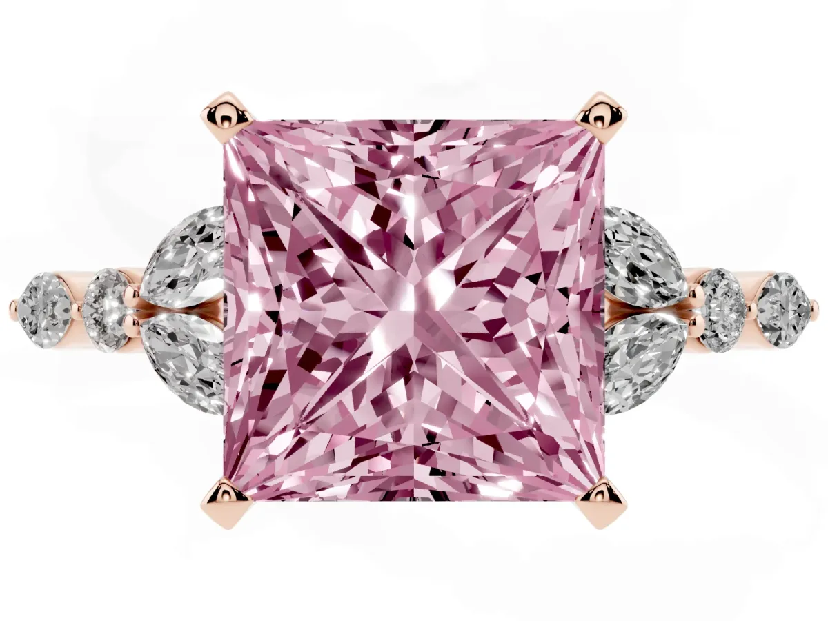 Fancy Pink Princess Cut Diamond Solitaire Ring with Side Stones and Four-Prong Setting Rose gold