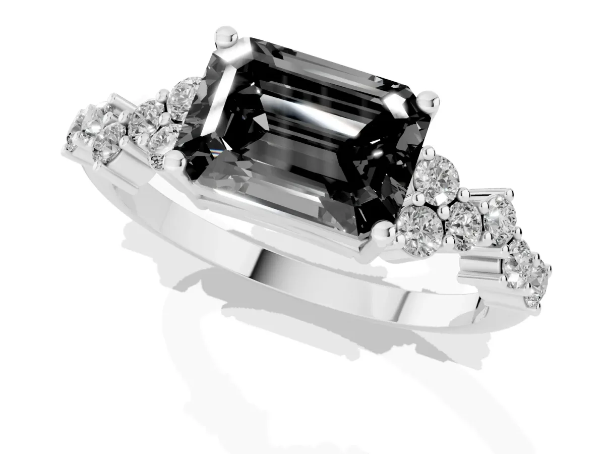 Fancy Black Emerald Cut Diamond Scattered Round Accent Ring with Prong Setting Silver
