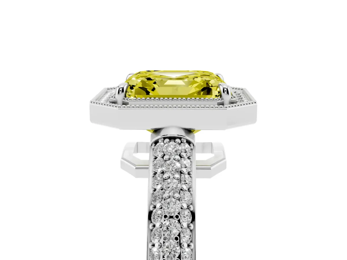 Fancy Yellow Asscher Cut Cut Halo Diamond Pave Band with Four-Prong Setting Silver