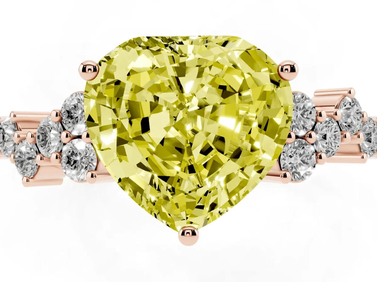 Fancy Yellow Heart Cut Diamond Scattered Round Accent Ring with Prong Setting Rose gold