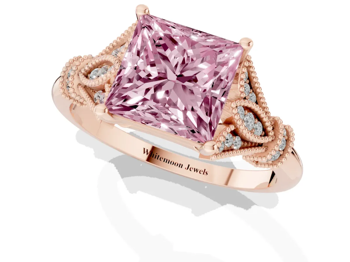 Fancy Pink Princess Cut Diamond Solitaire Ring with Floral Filigree and Pave Accents Rose gold