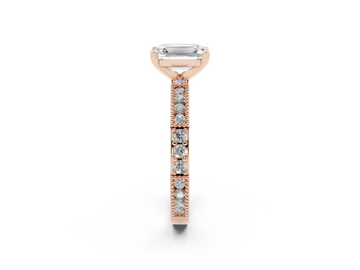 Emerald Cut Solitaire with Pavé Band and Four-Prong Setting Rose gold