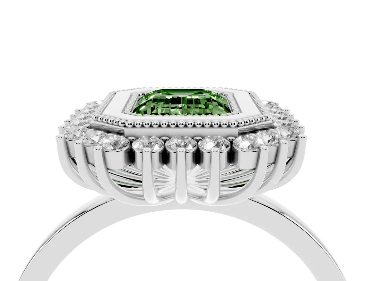 Fancy Green Emerald Cut Halo Diamond Ring with Milgrain Edge and Round Prong Setting Silver