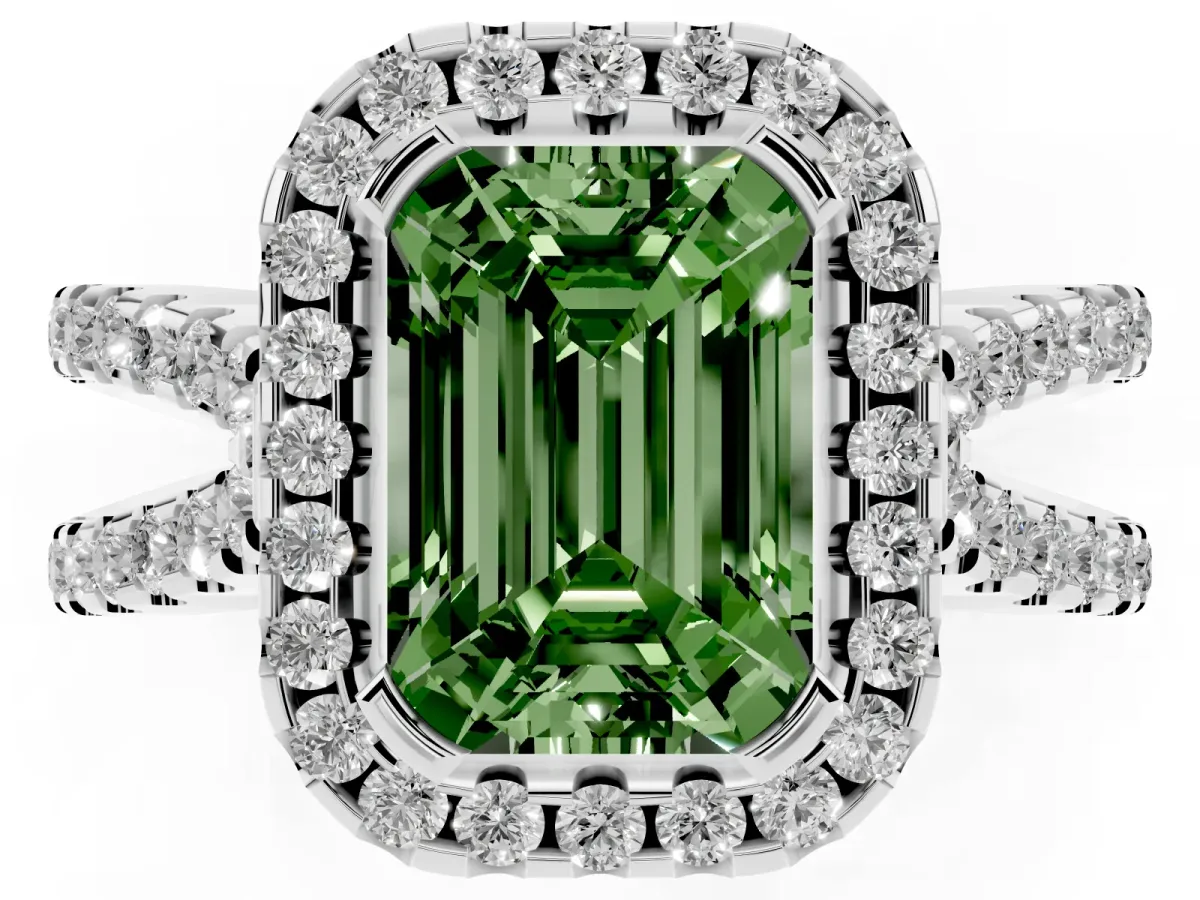 Fancy Green Emerald Cut Diamond Halo Ring with Split Shank Pavé Band and Prong Setting Silver