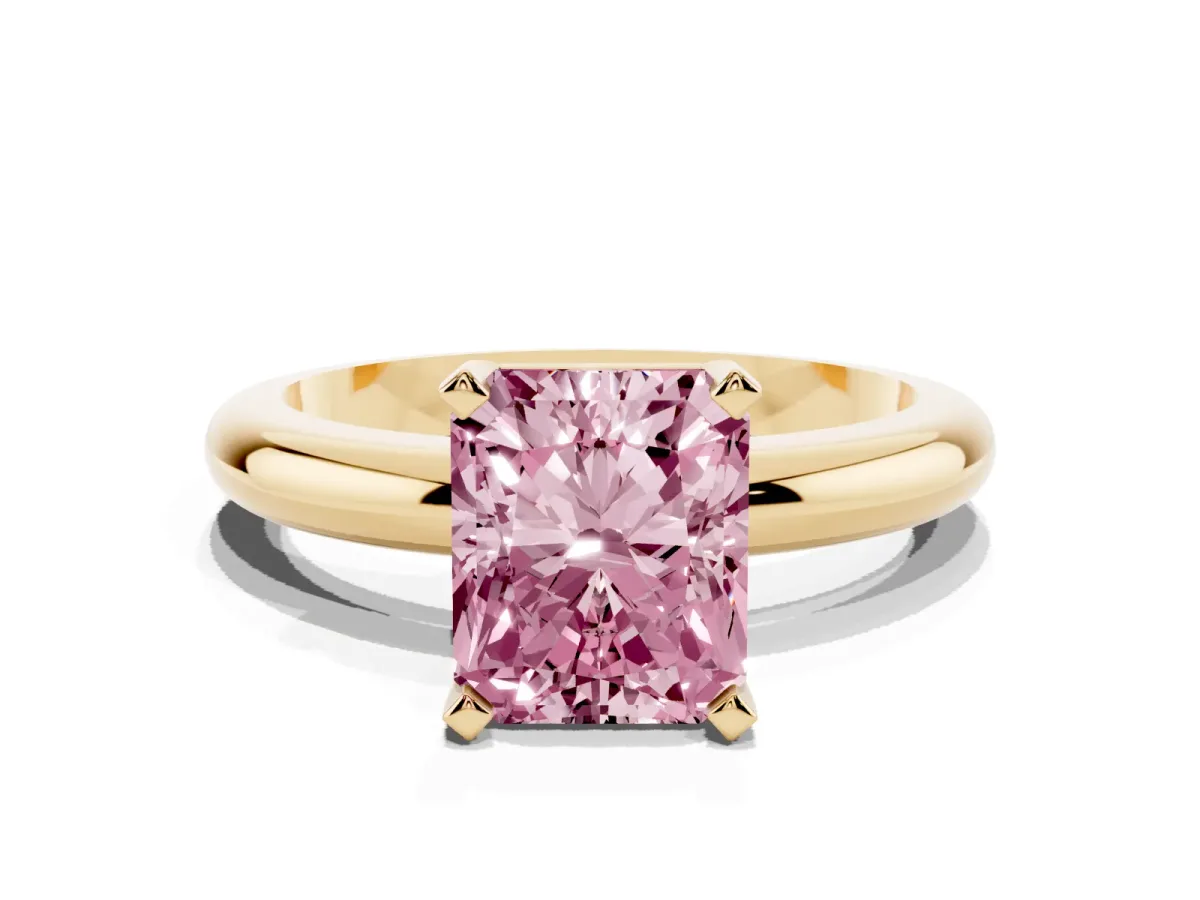 Fancy Pink Radiant Cut Diamond Solitaire Engagement Ring with Round Band and Four-Prong Setting Yellow gold