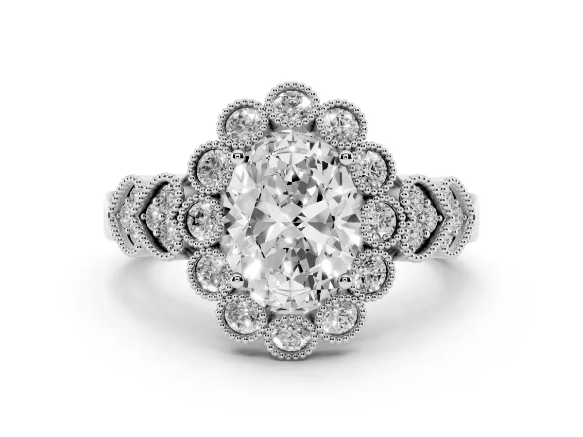 Oval Cut Brilliant Milgrain Pave Heart Band Solitaire Ring Silver